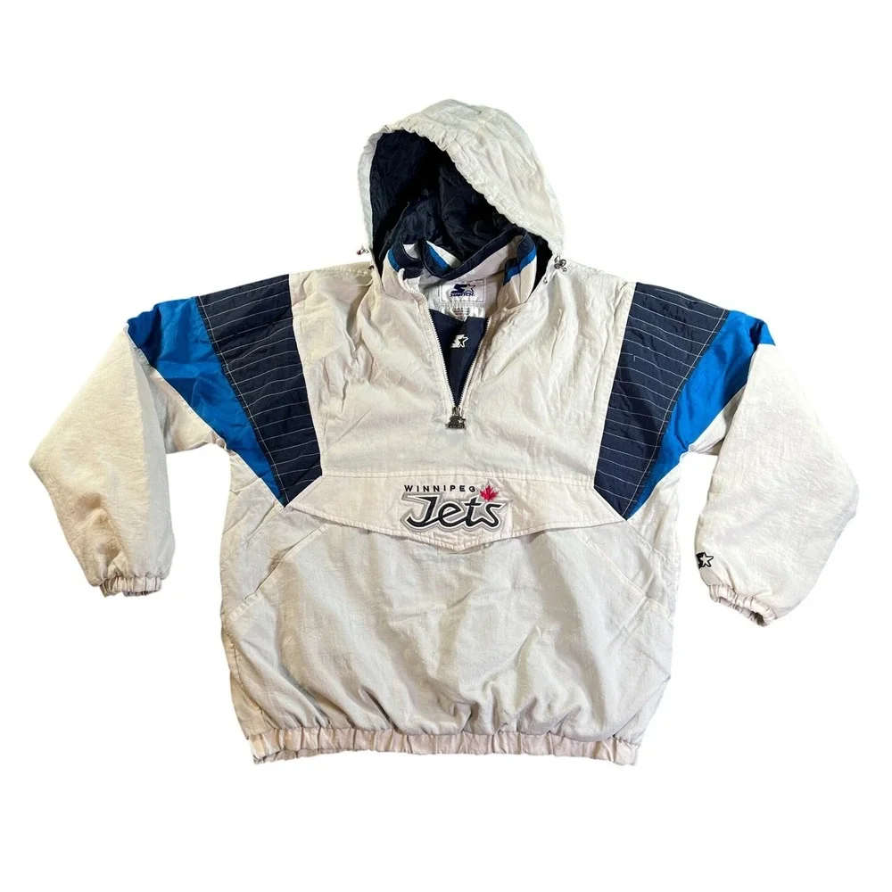 Vintage Starter Winnipeg Jets Jacket Mens Large White Blue 90s NHL Pullover Logo